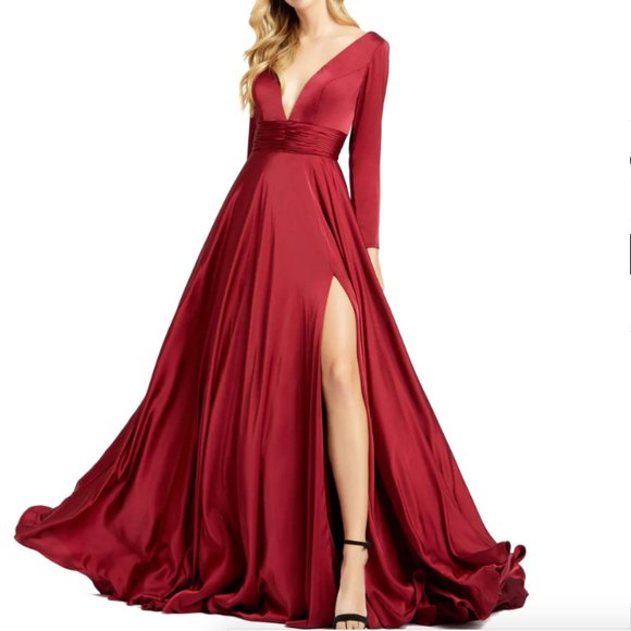 MAC DUGGAL 55245 LONG SLEEVE SATIN A-LINE EMERLAD GOWN sz 6